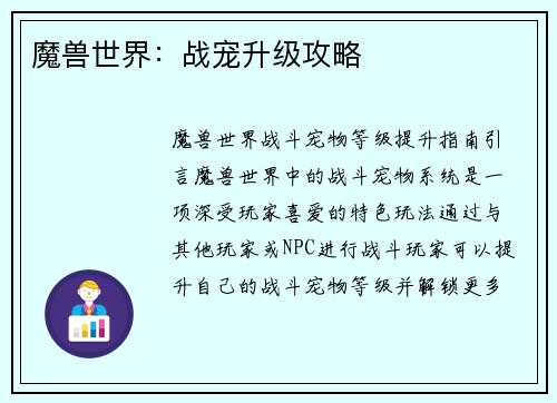 魔兽世界：战宠升级攻略